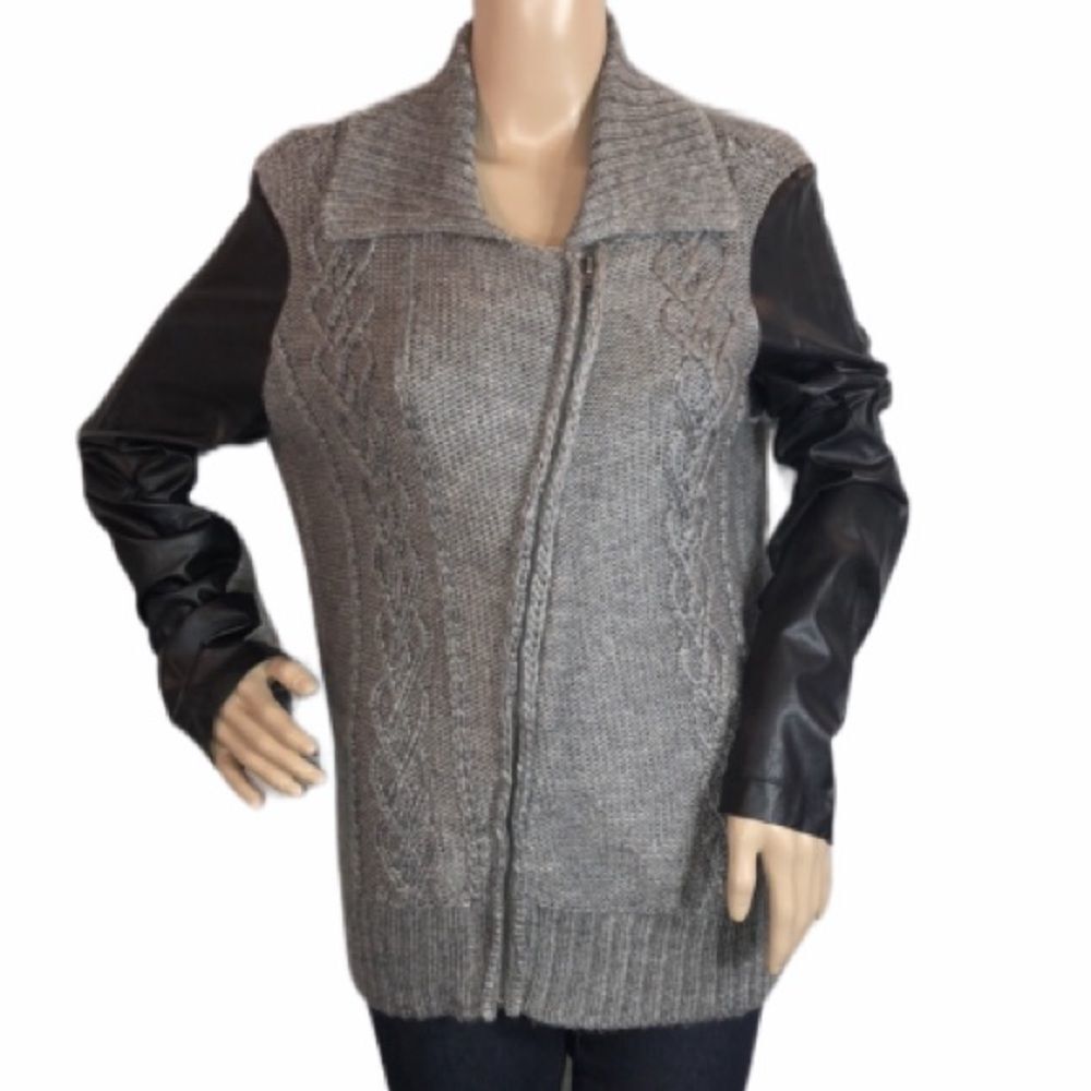 Sparkle & Fade Anthropologie Moto Style Gray Black Zip Front Sweater Large L - Picture 4 of 10